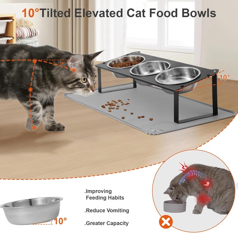 HOVNKUT Elevated Cat Bowls with Food Mat, 10°Tilted Non-Slip Raised Cat Food Water Bowls Set, 3 Thick Stainless Steel Pets Dishes with Cute Metal Feeding Stand for Indoor Kitten Puppy, Anti-Vomiting - Image 2